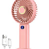 A pink portable rechargeable handheld fan with a circular grille and a digital display, shown next to its charging cable.