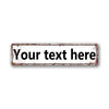 A rectangular, distressed vintage tin sign with the text Your text here on a white background.