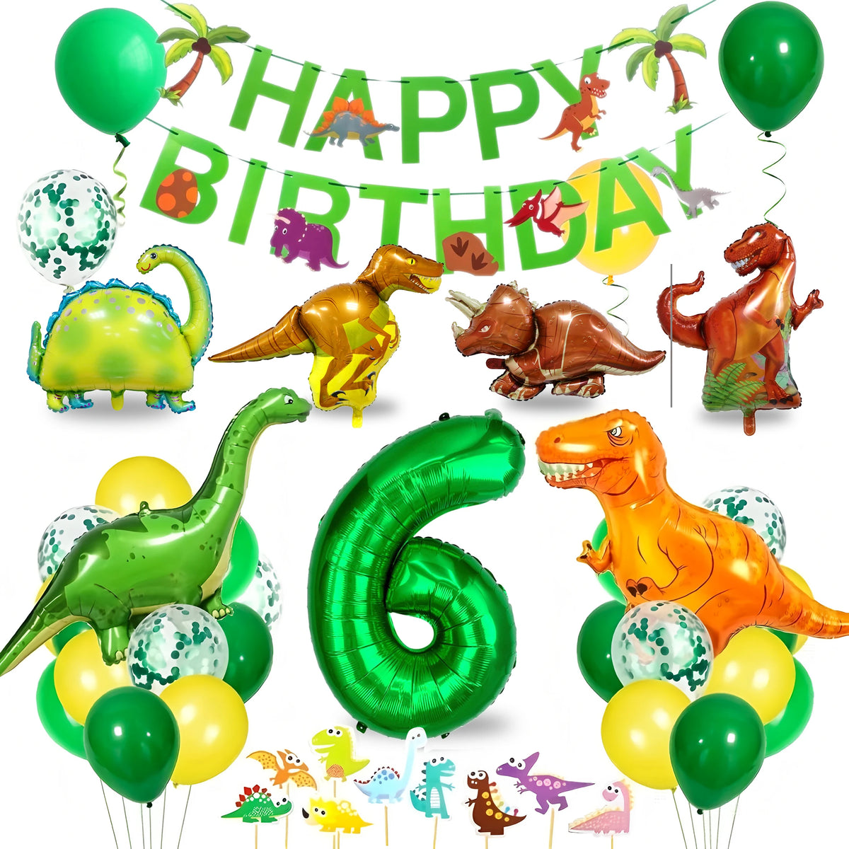 A colorful dinosaur party decoration kit featuring foil balloons, a banner, and a cake topper.