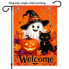 A Halloween flag featuring a white ghost and a black cat with an orange background and fall foliage.