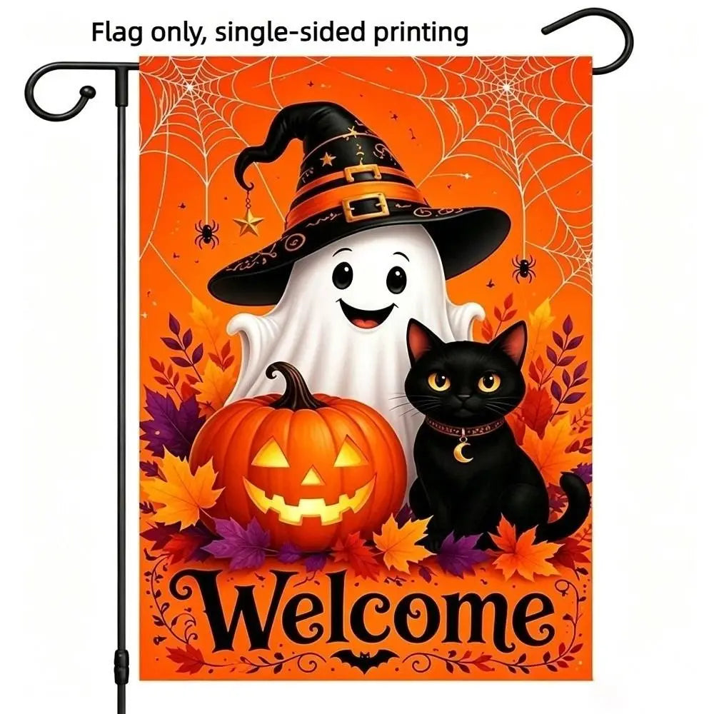 A Halloween flag featuring a white ghost and a black cat with an orange background and fall foliage.