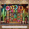 A vibrant Mexican themed backdrop featuring colorful flowers and cacti for photography and celebrations.