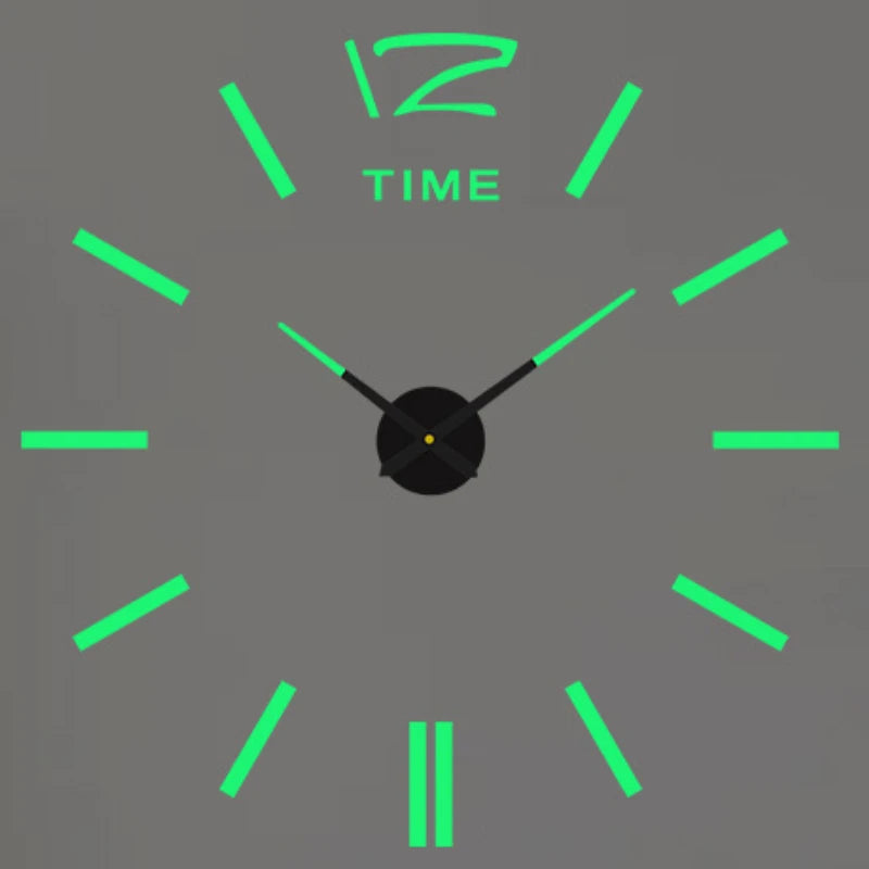 A gray analog clock face with bright green hands and markers, showing the time.