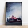A black and white photograph of a red Formula 1 race car in a smoky environment.