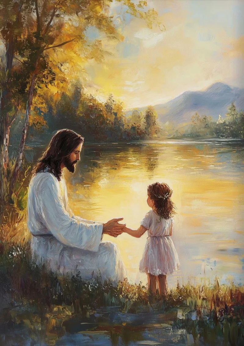 A painting depicting Jesus and Mary interacting near water, set in a natural landscape.