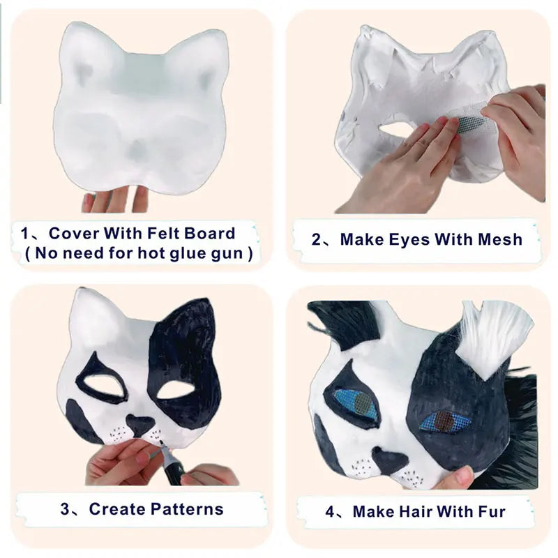 A four-step DIY craft kit showing how to cover a felt board, make eyes with mesh, create patterns, and make hair with fur for