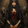 A portrait of a woman with long dark hair and striking eyes, framed by skulls and an ornate background.