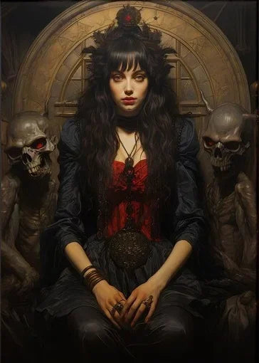 A portrait of a woman with long dark hair and striking eyes, framed by skulls and an ornate background.