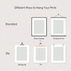 Diagram showing different ways to hang prints, including standard frames and DIY options like bulldog clips and pins.