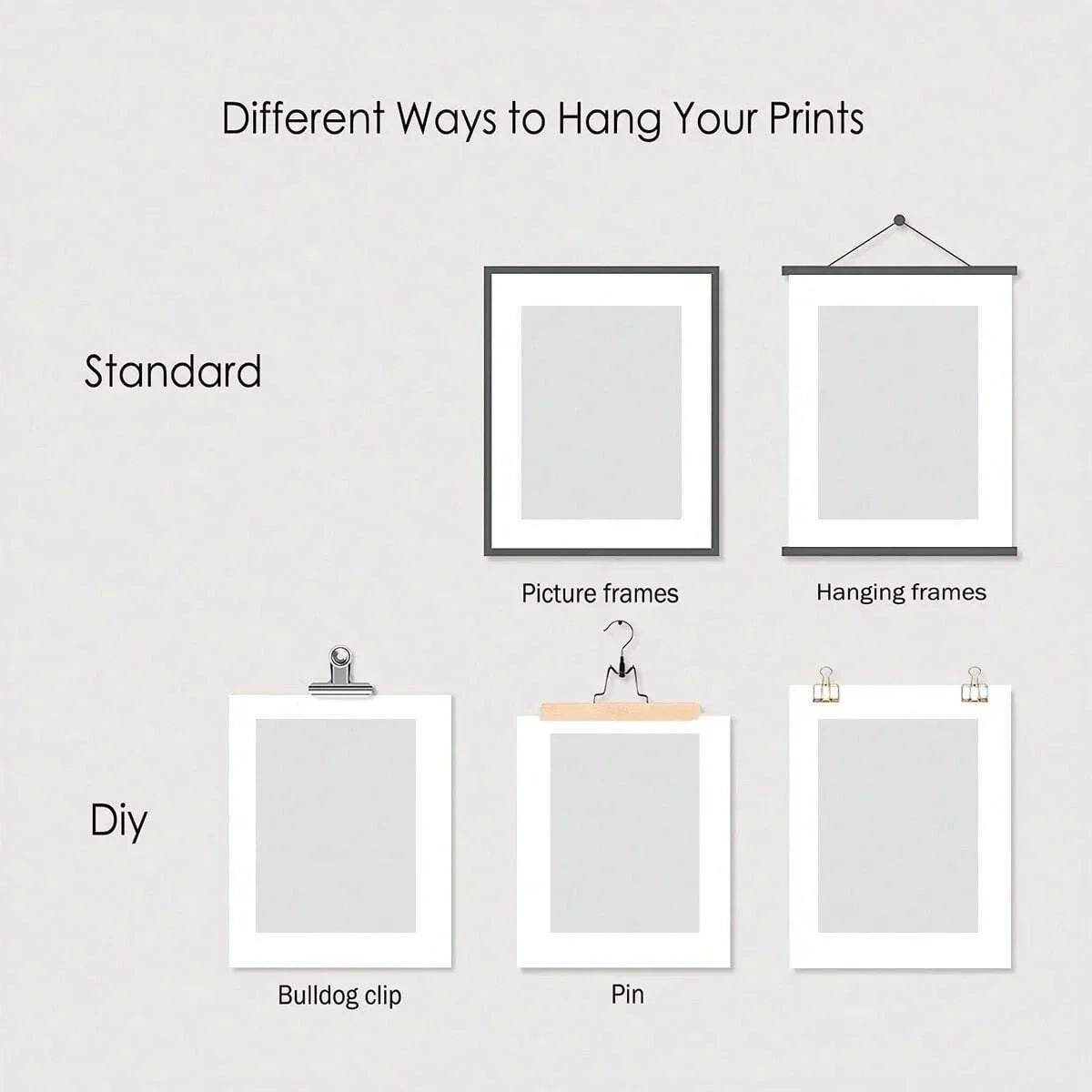 Diagram showing different ways to hang prints, including standard frames and DIY options like bulldog clips and pins.