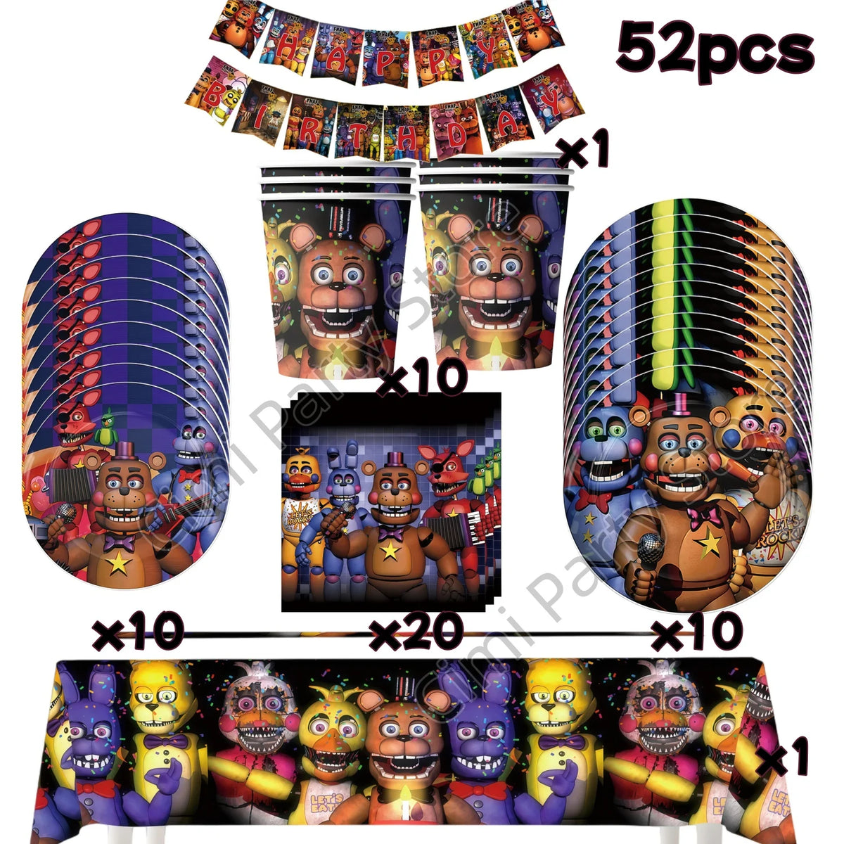 A collection of Five Nights at Freddy's themed birthday party supplies including banners, cups, and plush toys.