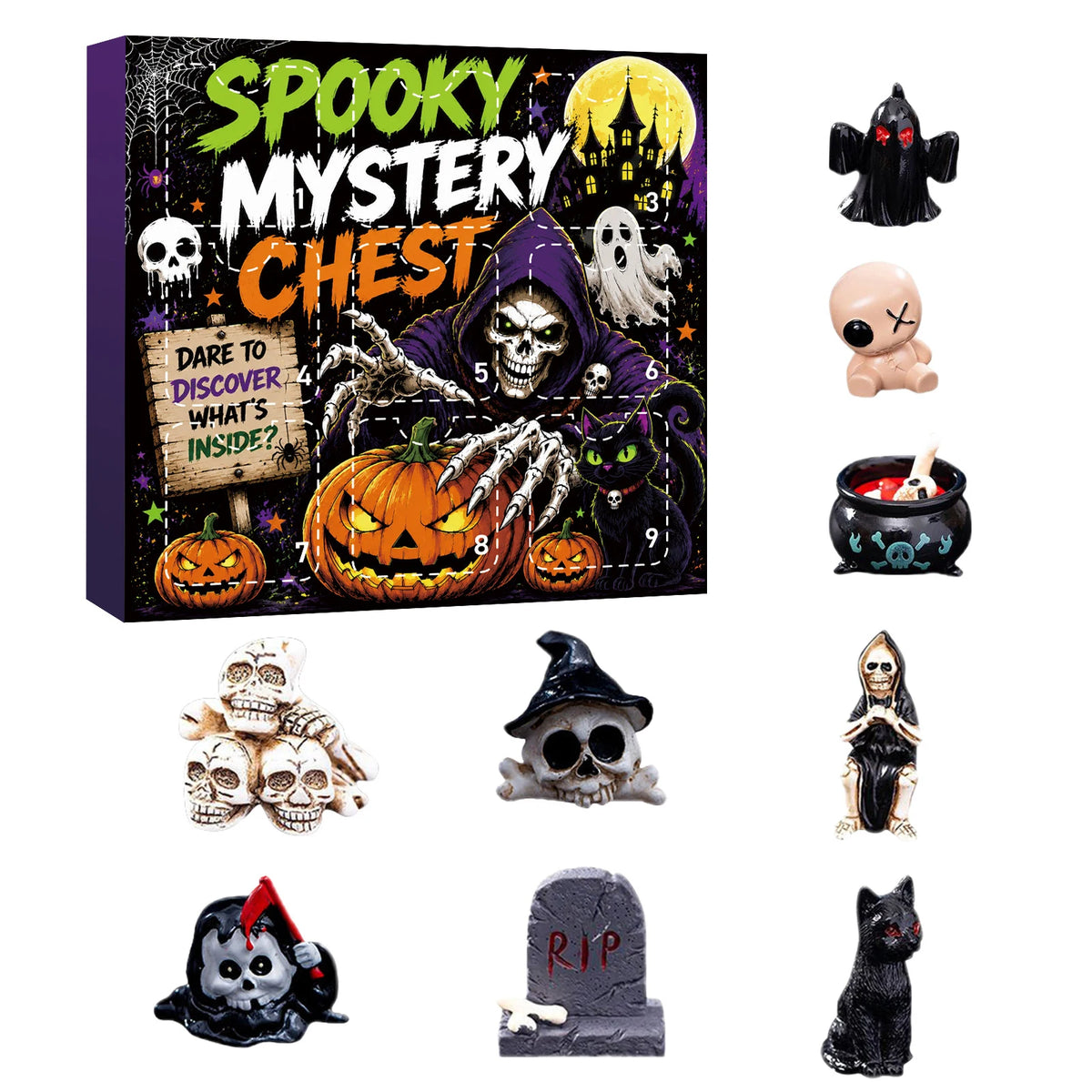 A box for a Spooky Mystery Chest featuring various Halloween-themed resin figures and props.