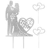 Silver crystal embellished Mr and Mrs wedding cake topper featuring a couple silhouette and heart designs