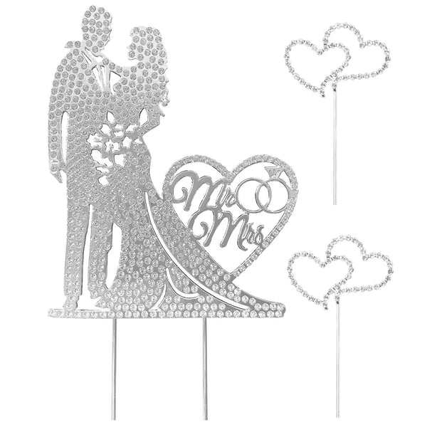 Silver crystal embellished Mr and Mrs wedding cake topper featuring a couple silhouette and heart designs