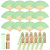 Elegant paper hand fans in light green and gold with accompanying gift bags and thank you cards