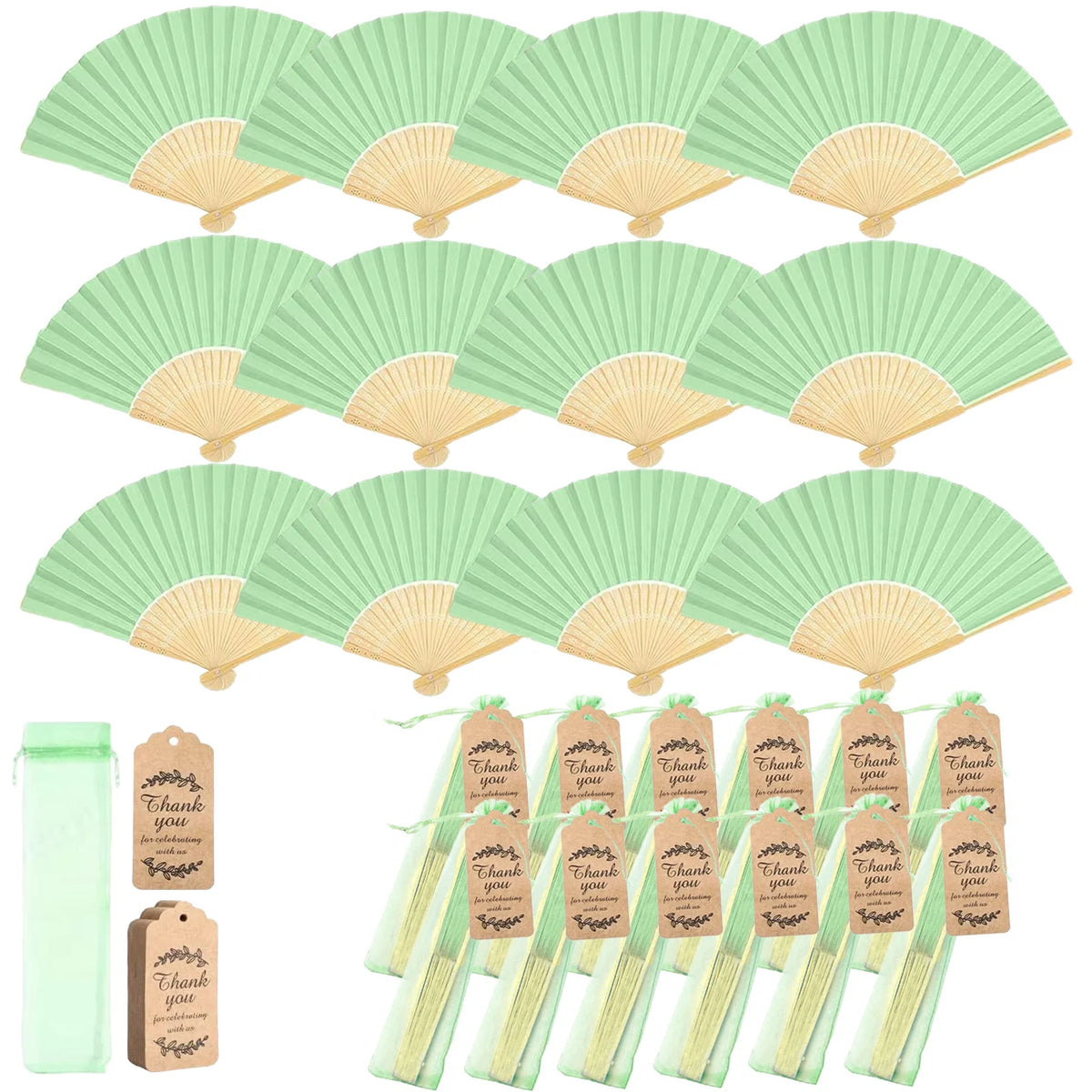Elegant paper hand fans in light green and gold with accompanying gift bags and thank you cards