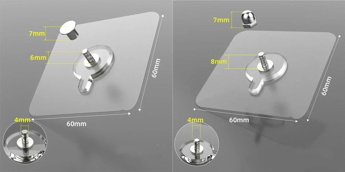 A set of strong adhesive wall hooks with various sizes and mounting options shown on a gray surface.