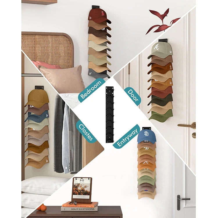 Wall-mounted organizer rack displaying various baseball hats in different colors and shades.