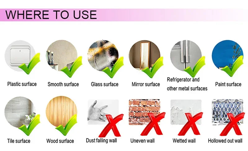 A grid showing various surfaces suitable for watercolor wisteria tree wall decals including plastic, glass, mirror, and vario