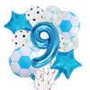 A collection of blue and white football-shaped helium foil balloons, including a large number nine balloon.