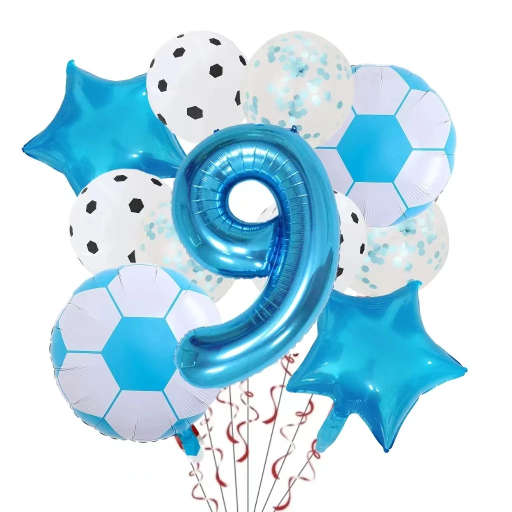 A collection of blue and white football-shaped helium foil balloons, including a large number nine balloon.