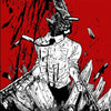A stylized illustration of Chainsaw Man with a chainsaw head, set against a red background.