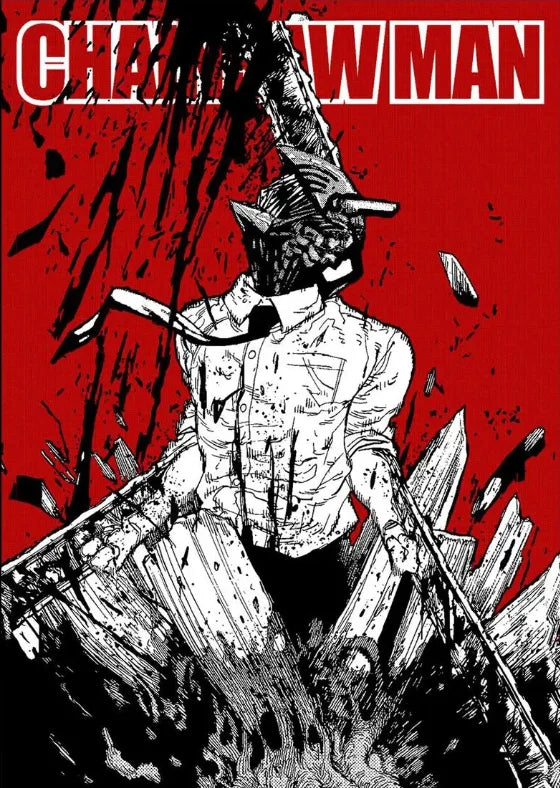 A stylized illustration of Chainsaw Man with a chainsaw head, set against a red background.