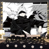 Anime tapestry wall hanging featuring Jujutsu Kaisen Gojo Satoru with white hair and dark clothing.