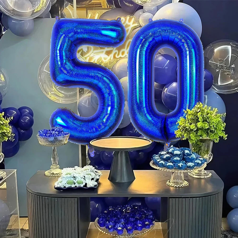 Large blue foil number balloon shaped like 50 for a birthday party decoration