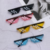 A collection of pixel mosaic sunglasses in various colors including black, pink, yellow, and blue shades