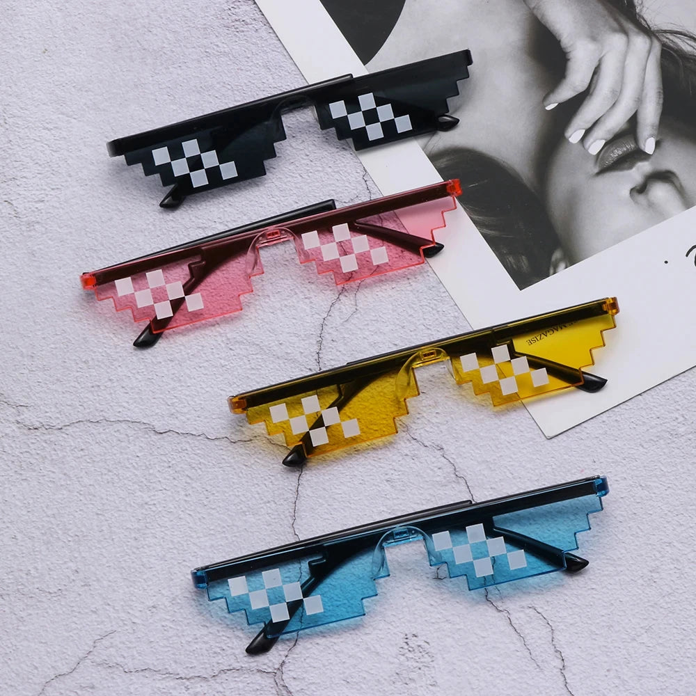 A collection of pixel mosaic sunglasses in various colors including black, pink, yellow, and blue shades