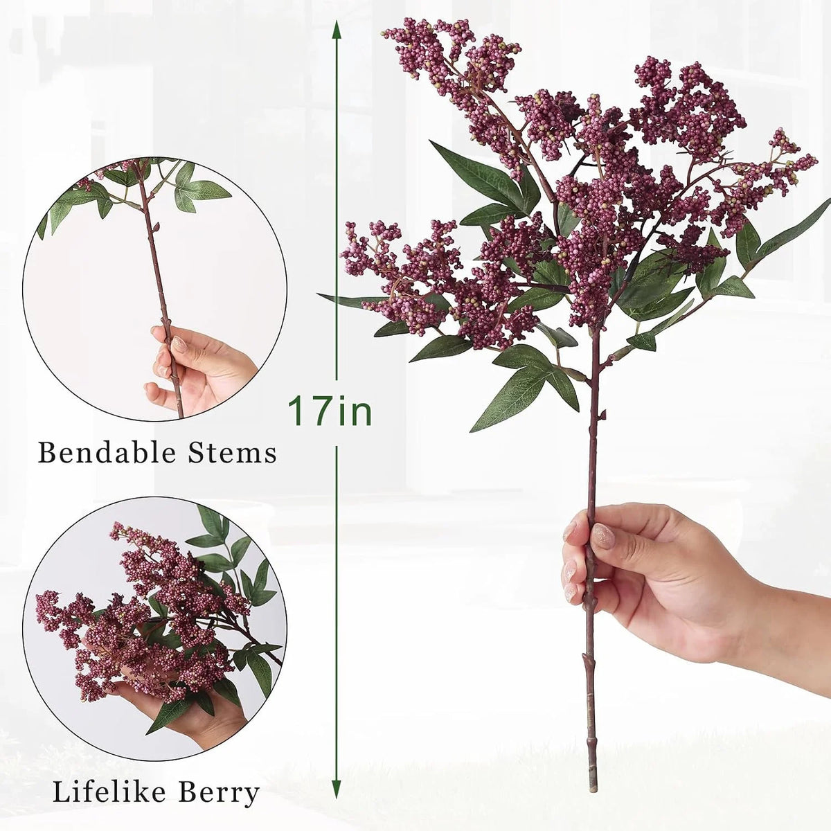 Artificial Nandina berry stem with lifelike dusty plum faux branch for seasonal decor