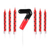 A set of seven cartoon number birthday candles in red and black with a mouse design.