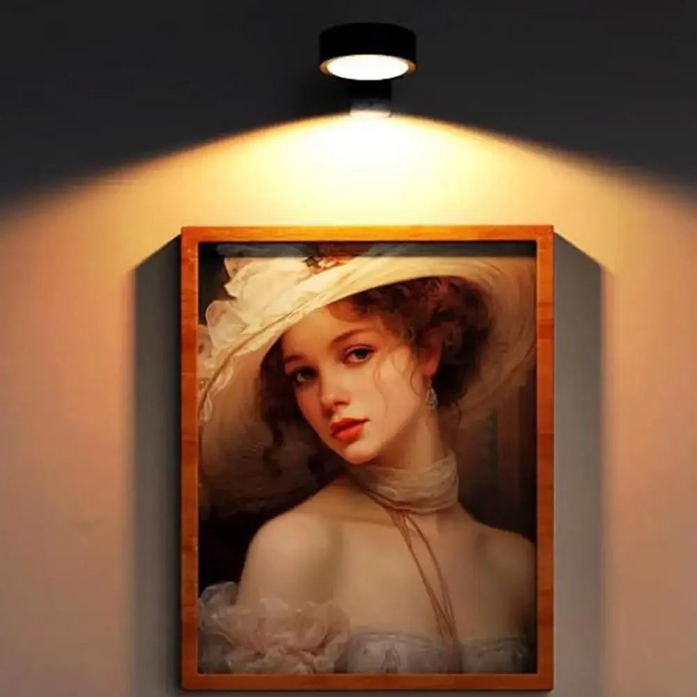 A framed portrait of a woman in a sheer veil illuminated by an LED picture light.