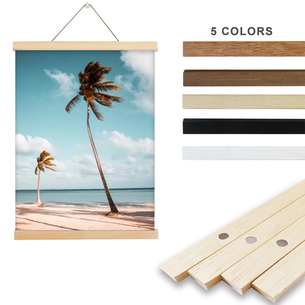 A set of five natural teak wood magnetic poster frames in various shades displayed next to a tropical landscape photo.
