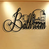 Elegant iron bathroom sign wall art featuring a vintage style metal plaque with bathroom fixtures.