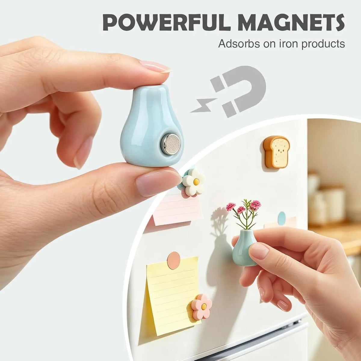 A hand holds a small, light blue ceramic magnet that is adhering to a white surface with colorful sticky notes.