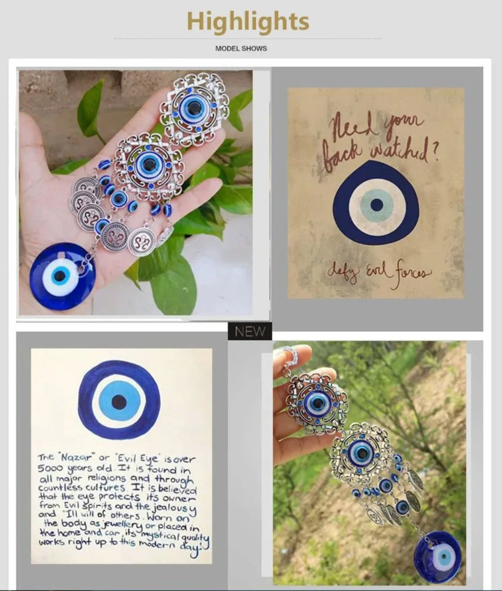A hand holds a silver and blue Turkish Blue Evil Eye Hamsa Hand Wall Hanging Amulet.
