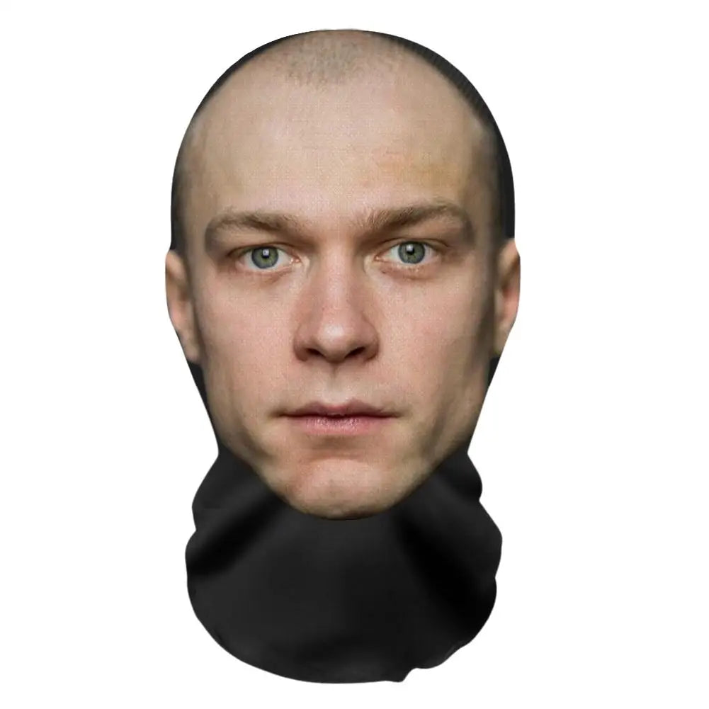 A realistic male face mask with a short haircut and a black fabric covering the lower face.