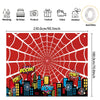Red spider web banner featuring a city skyline silhouette with celebratory text and graphics for parties.
