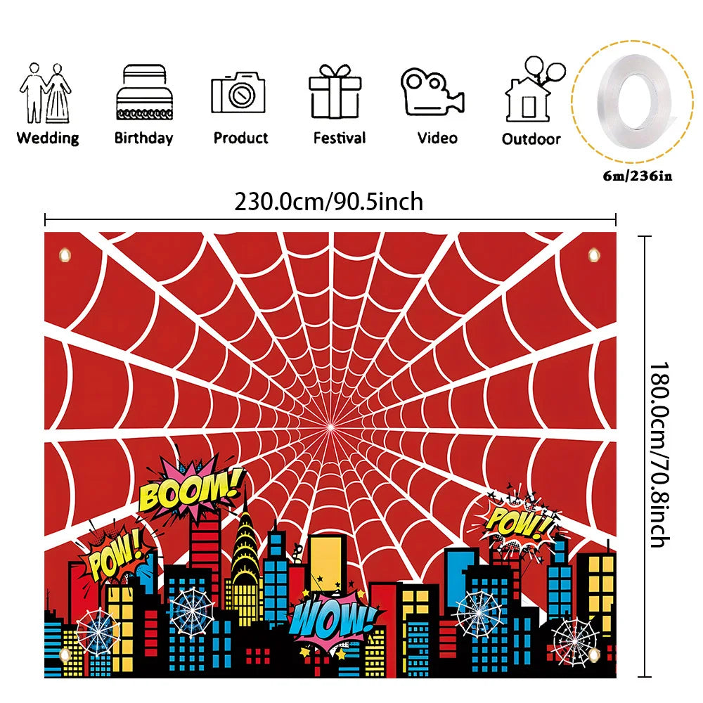 Red spider web banner featuring a city skyline silhouette with celebratory text and graphics for parties.