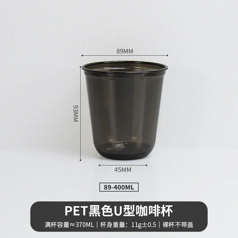 A black disposable U-shaped coffee cup with dimensions 89mm by 93mm and a capacity of 89-400ml.