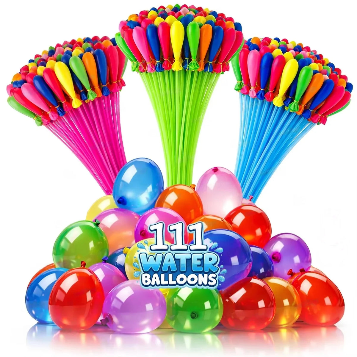 A collection of colorful water balloons and a green filler with many bright colored balloons.