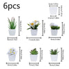 A set of six small white artificial flower bonsai plants in individual pots.