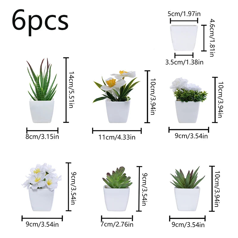 A set of six small white artificial flower bonsai plants in individual pots.