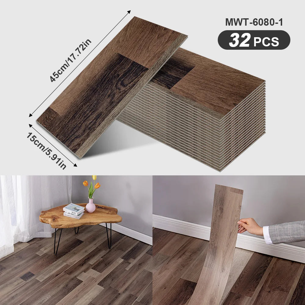 A pack of 32 wood grain peel-and-stick floor and wall stickers showing various wood textures and finishes.