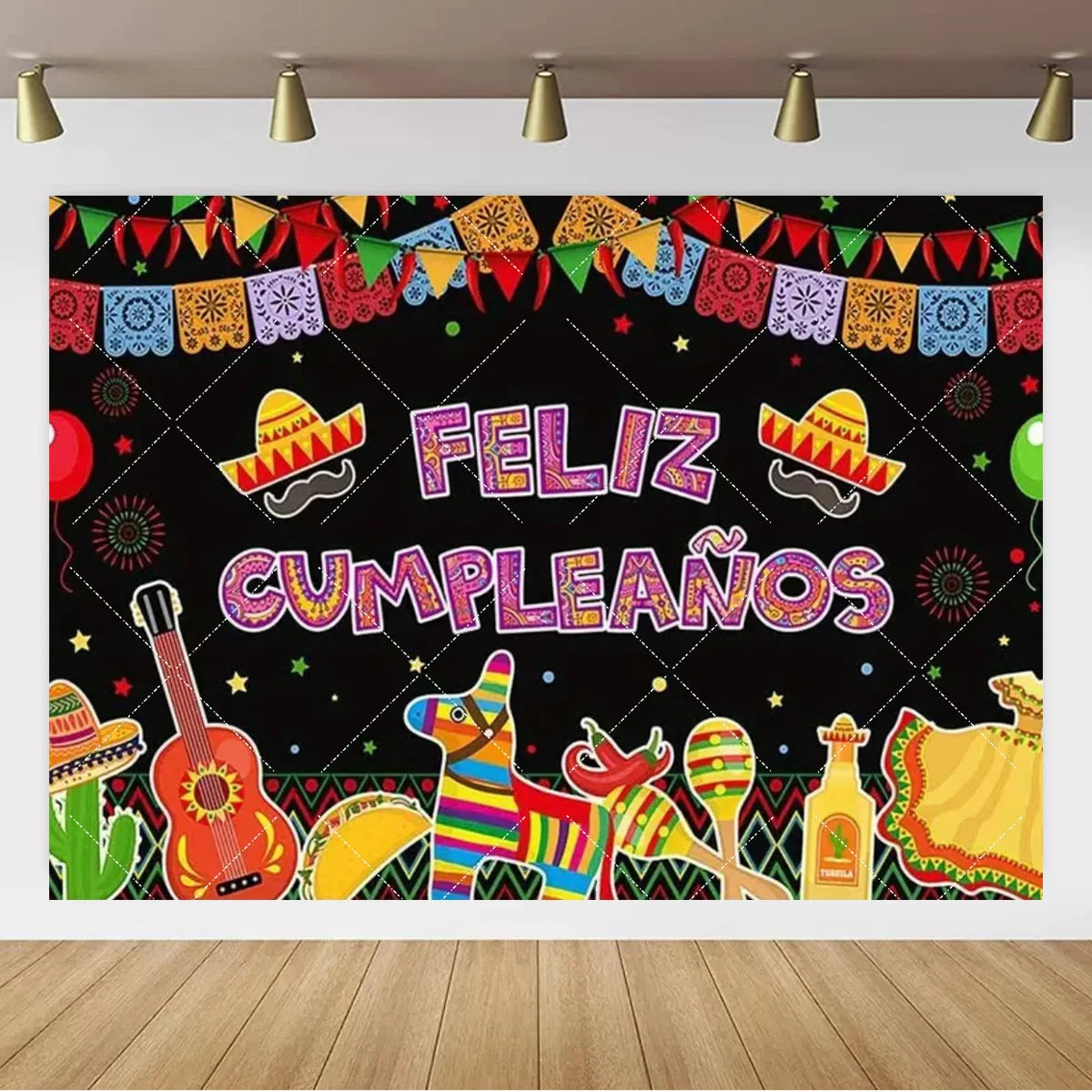 A vibrant Mexican carnival theme backdrop banner featuring colorful bunting, guitars, and festive decorations on a black back