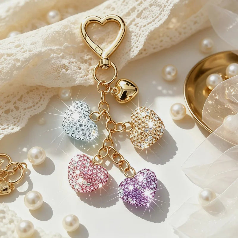 Gold heart-shaped rhinestone keychain and bag charm with pearl accents on a white fabric background