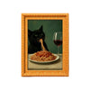 A framed painting featuring a black cat looking intently at spaghetti on a white plate, set in an ornate wooden frame.