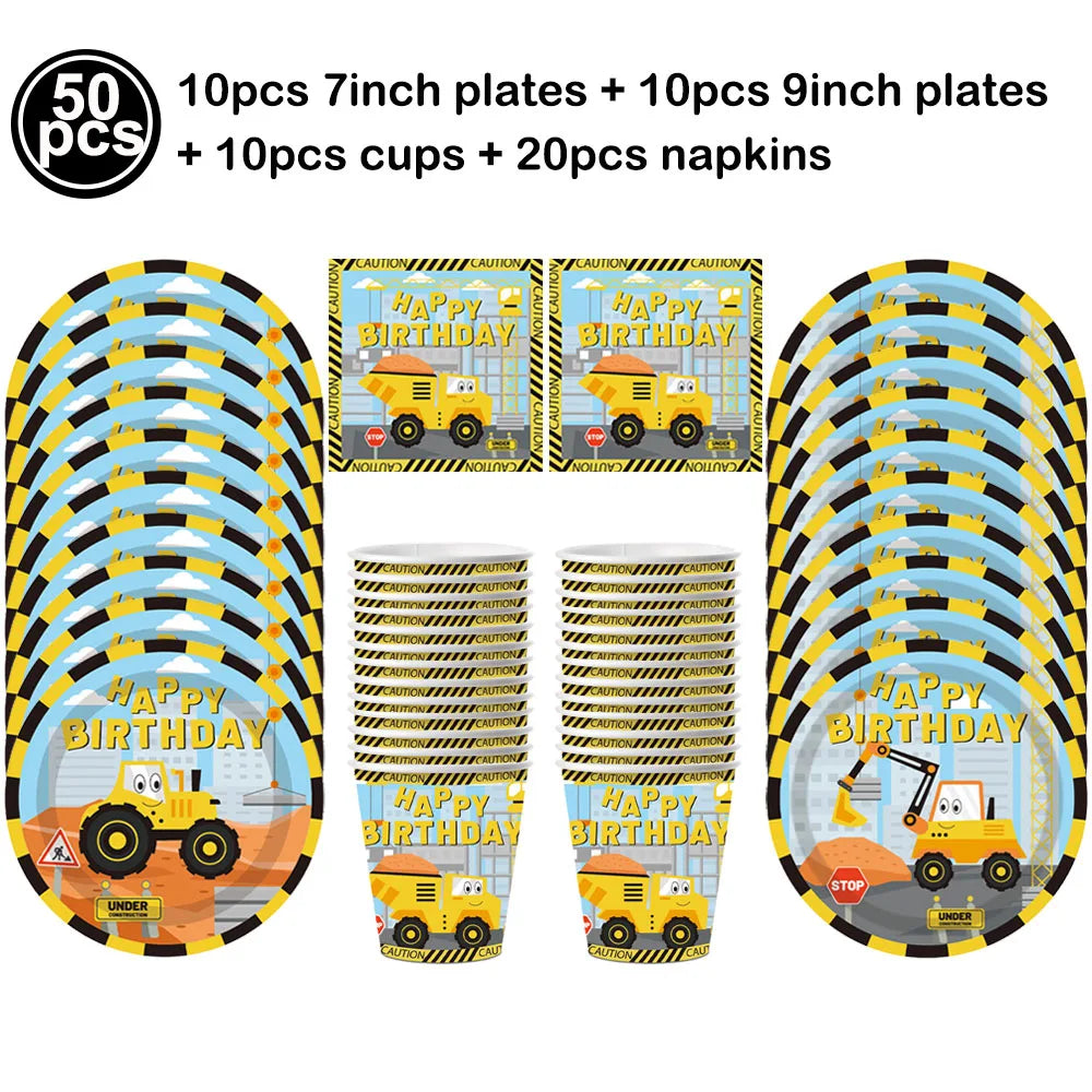 A set of yellow construction vehicle themed birthday party tableware including plates, cups, napkins, and napkins.